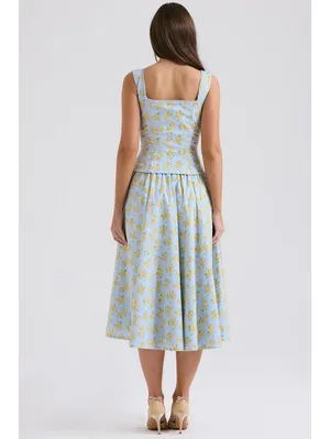 House of CB Cora Gathered Lace-Up Cotton Midi Skirt Soft Blue Vintage Floral thumbnail 6