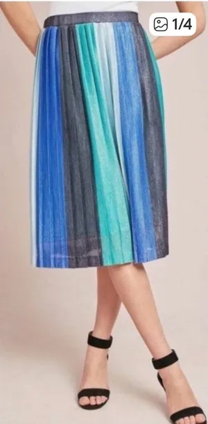 Anthropologie Maeve Sunburst Pleated Midi Skirt in Blue, Teal &‎ Silver thumbnail 1