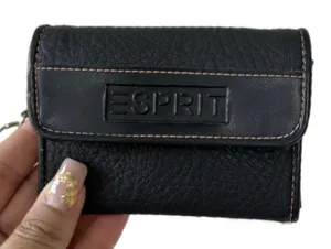 Vintage Esprit Black Faux Textured Leather Mini Zipper ID Pocket Wallet Key Ring thumbnail 1