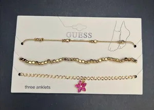 GUESS Gold Tone Pink Flower Charm Mixed 3 Piece Anklet Set thumbnail 1