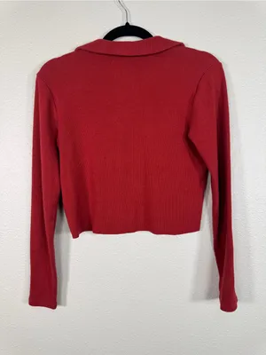 Madewell Red Ribbed Copped Henley Sweater Womens XS Casual Fall Long Sleeve thumbnail 2