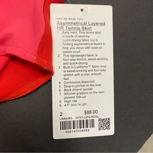 lululemon Tennis Skirt Size 2 Red Pink Asymmetrical Layered High Rise Skirt NWT thumbnail 7