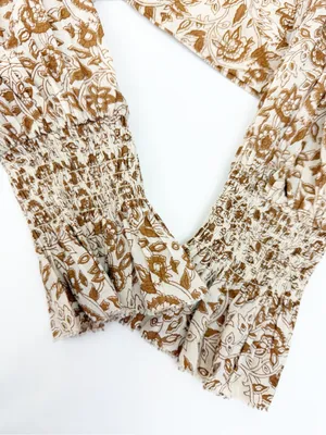 Cleobella Reza Blouse Peasant Tamil Block Print Floral Cotton Boho Brown Ivory thumbnail 8