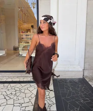 Zara Elegant Brown Lace Slip Satin Mini Asymmetric Dress blogger favorite thumbnail 2