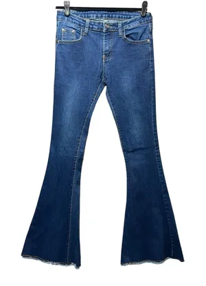 Galmint Womens US 4 Blue Denim Flare Bell Bottom Jeans Raw Hem Stretch‎ thumbnail 1