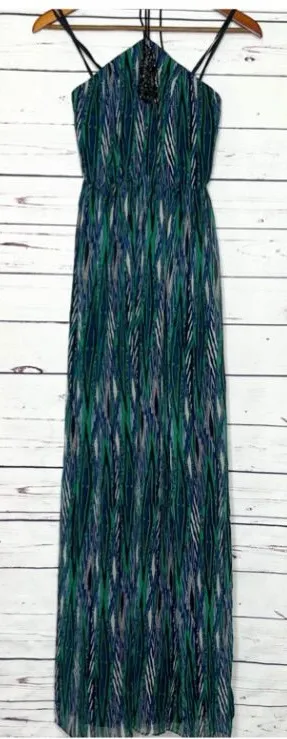 Gianni Bini Green & Blue Rhinestone Embellished Halter Top Maxi Dress Size 0 XS thumbnail 1