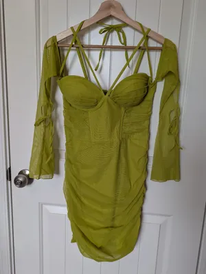 NWT Oh Polly Emmalee Off The Shoulder Mini Dress W6 Neon Green thumbnail 1