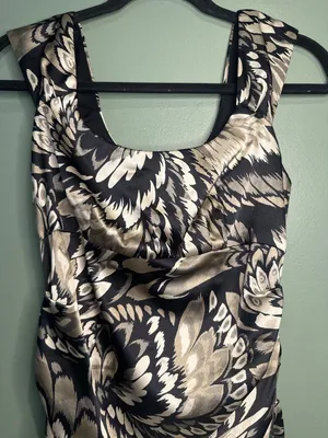 London Times Womens 6 Midi Dress Ruched Draped Abstract Feather Cocktail Y2K thumbnail 2