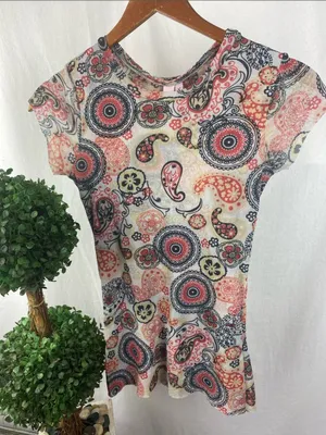 Sweet Pea Tan Black Orange Print Short Sleeve Nylon Tee T Shirt Top L thumbnail 2
