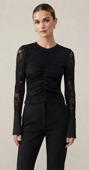 Free People Women Top XS Black Intimately Lace Ruched Front Long Sleeve Sheer thumbnail 1