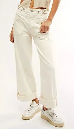 Free People Palmer Cuffed Wide Leg Tab Waist Jeans Size 27 Eggshell White Wash thumbnail 1