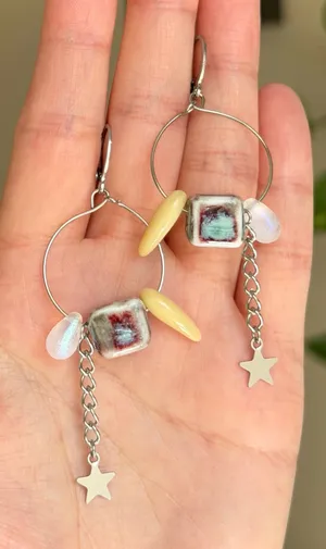 Handmade funky boho retro unique hoop dangle earrings🩵 thumbnail 1