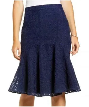 Rachel Parcell Navy Blue Floral Lace Trumpet Skirt XXL Flounce Hem Midi Skirt‎ thumbnail 1