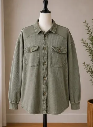 Briggs Womens XL Sage Green Waffle Knit Shacket Mixed Media Button Down Shirt thumbnail 1