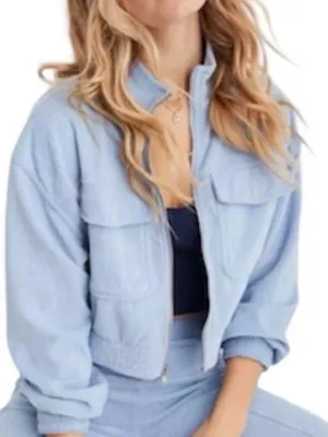aerie Light Blue Velour Cropped Jacket Sz Small Pockets‎ and Full Zipper thumbnail 1