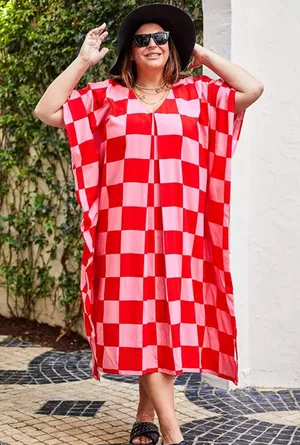 The Drop Katie Sturino Checkerboard Print V-Neck Kaftan Maxi Dress Pink and Red thumbnail 1