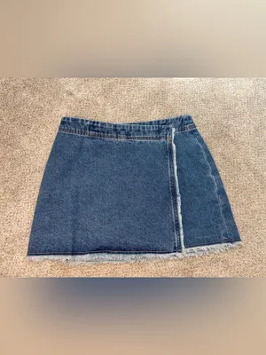 NEW! Natural Life Denim Wrap Style Crossover Frayed Hem Cotton Mini Skirt Medium thumbnail 4
