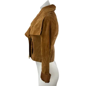 Women's Brown 100% Genuine Leather Long Sleeve Collared Crop Moto Coat Jacket S thumbnail 3
