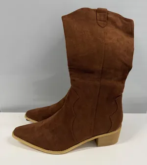 Brown Faux Suede Western Cowboy Boots Pointed Toe Side Zip Block Heel Size 44-12 thumbnail 1