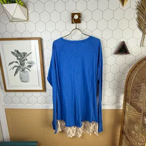We The Free Blue Long Sleeve Scoop-Neck Lace Hem Midi Tunic - Size - Medium thumbnail 3
