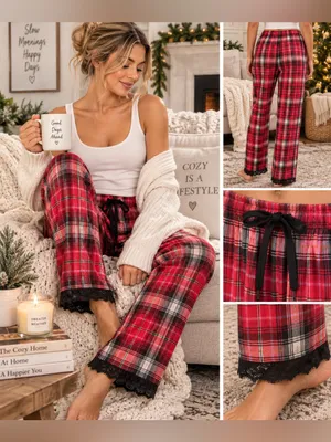 Victoria’s Secret Red Plaid Flannel Lace Trim Pajama Pants Size Small thumbnail 2