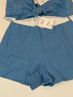 Zara Blue Embroidered Halter Crop Top & Shorts Set thumbnail 2