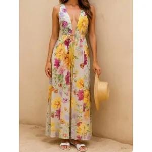 H&M Brown Purple&Pink Floral Deep V Linen&Cotton Maxi Dress Sz.M thumbnail 3