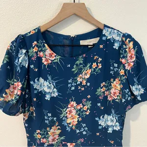 LOFT Floral Chiffon Drop Waist Puff Sleeve‎ Flutter Midi Dress Size 4 thumbnail 3
