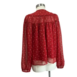 Old Navy Tie Front Red Floral Chiffon Long Sleeve Boho Blouse Sz‎ L thumbnail 3