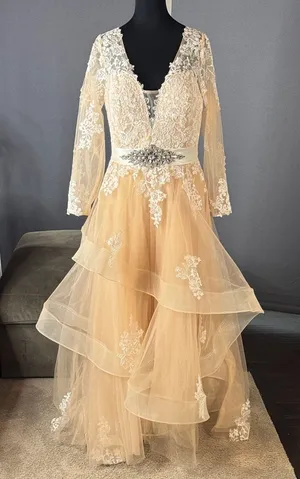 Women’s Long Sleeve Lace Appliqué Formal Gown Ruffles Corset Back Size 14 thumbnail 1