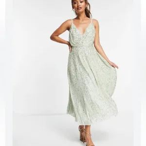 NWT ASOS Embellished Cami Midi Dress in Sage Green Sz4 A-line Fit & Flare Sequin thumbnail 2