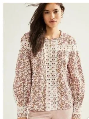 Rahi Blouse Womens Small Pearl ButtonsBoho Floral Lace-Trim Blouse thumbnail 1