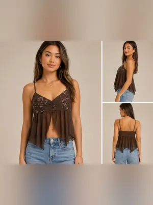 Mixed Threads Los Angeles XL Brown Sequin Embellished Sheer Babydoll Cami TopNWT thumbnail 2