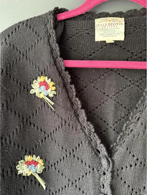 Susan Bristol Petites Hand Embroidered Black Knit Cardigan Sweater Medium thumbnail 4