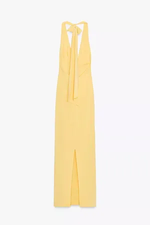 Zara Butter Yellow Halter Maxi Dress with Plunging Neckline Scarf Wedding Party thumbnail 10