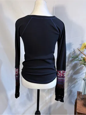 Free People Mixed Up Cuff Thermal Top Waffle Knit Boho Pattern Knit Cuff Sz S🧡 thumbnail 6