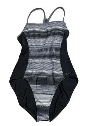 Nike Swimsuit One Piece Gray Black Striped Women's Size XL Swimming Bathing Suit thumbnail 1