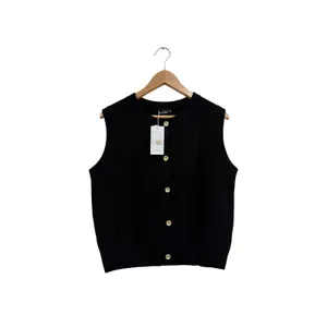 Trendy Queen Black Knit Button Down Sweater Vest Gold Buttons Preppy Medium thumbnail 2