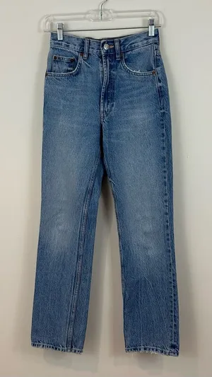 Zara Medium Wash Straight-Leg Blue Jeans Raw Hem Size 0 Women's thumbnail 1