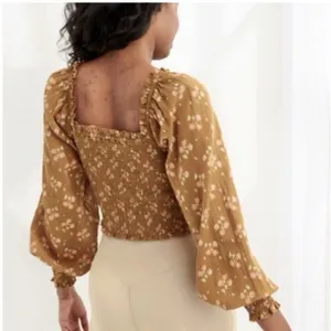 Aerie Smocked Bodice‎ Floral Crop Top Blouse Small Cottagecore Boho Chic Forest thumbnail 3