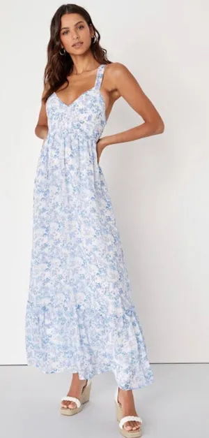 Lulus My Love Story White Floral Print Tie-back Maxi Dress Blue - Size XL thumbnail 1