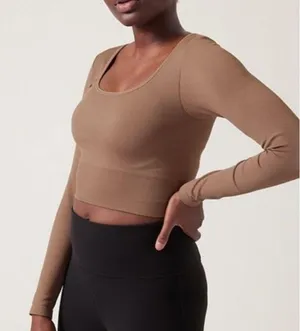Athleta Aurora Crop Top Womens Medium Brown Seamless Ribbed Long Sleeve Shirt thumbnail 1