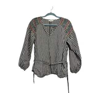 Madewell Boho Black‎ and White Checkered Top with Tie Waist L thumbnail 4
