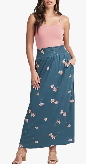 DR2 Daniel Rainn Green Pink Floral Smocked Boho Midi Maxi Skirt thumbnail 1