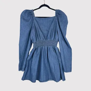 Free People Womens Dress Molly Mini Chambray Puff Sleeve Smocked A Line Large thumbnail 3