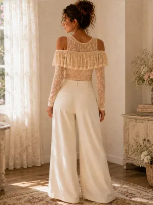NWT Easel Cream Lace Coquette Cottagecore Cold Shoulder Balletcore Small Top thumbnail 9
