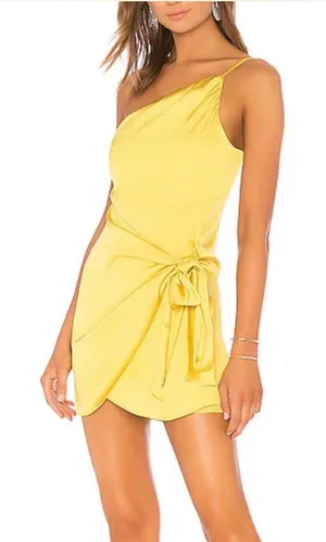 NWT Lovers + Friends Karen Mini Dress Yellow Gold Satin Wrap Dress Small Revolve thumbnail 1