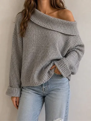 Free People Gray Waffle Knit Off Shoulder Sweater Size S Cozy Slouchy thumbnail 1