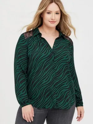 Torrid Georgette Lace Trim Drop Leopard Green Print Long Sleeve Blouse Size 3X thumbnail 1