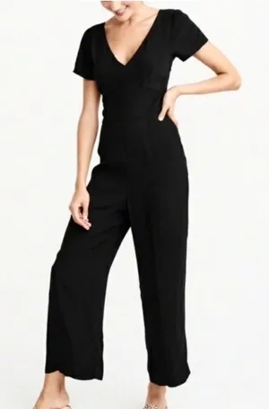 Abercrombie & Fitch Black Short Sleeve Tie Open Back Wide Leg Boho Jumpsuit M thumbnail 1